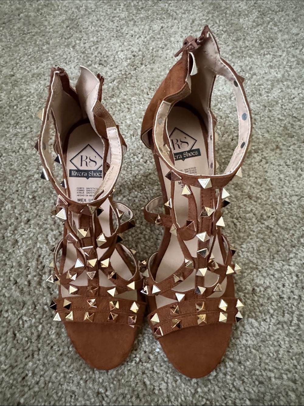 Brown Suede Studded Strappy Heels